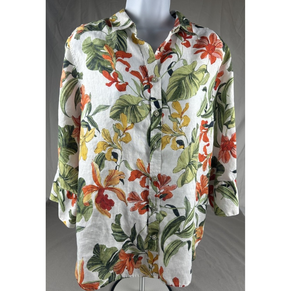 Chico's No Iron™ Tropical Floral Linen Shirt Women's SZ 18 Resort Cruise Beachy